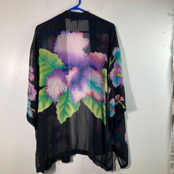 Womens Drapers & Damons Silk Floral Kimono Cover Black Multicolored 1X - Picture 2 of 7